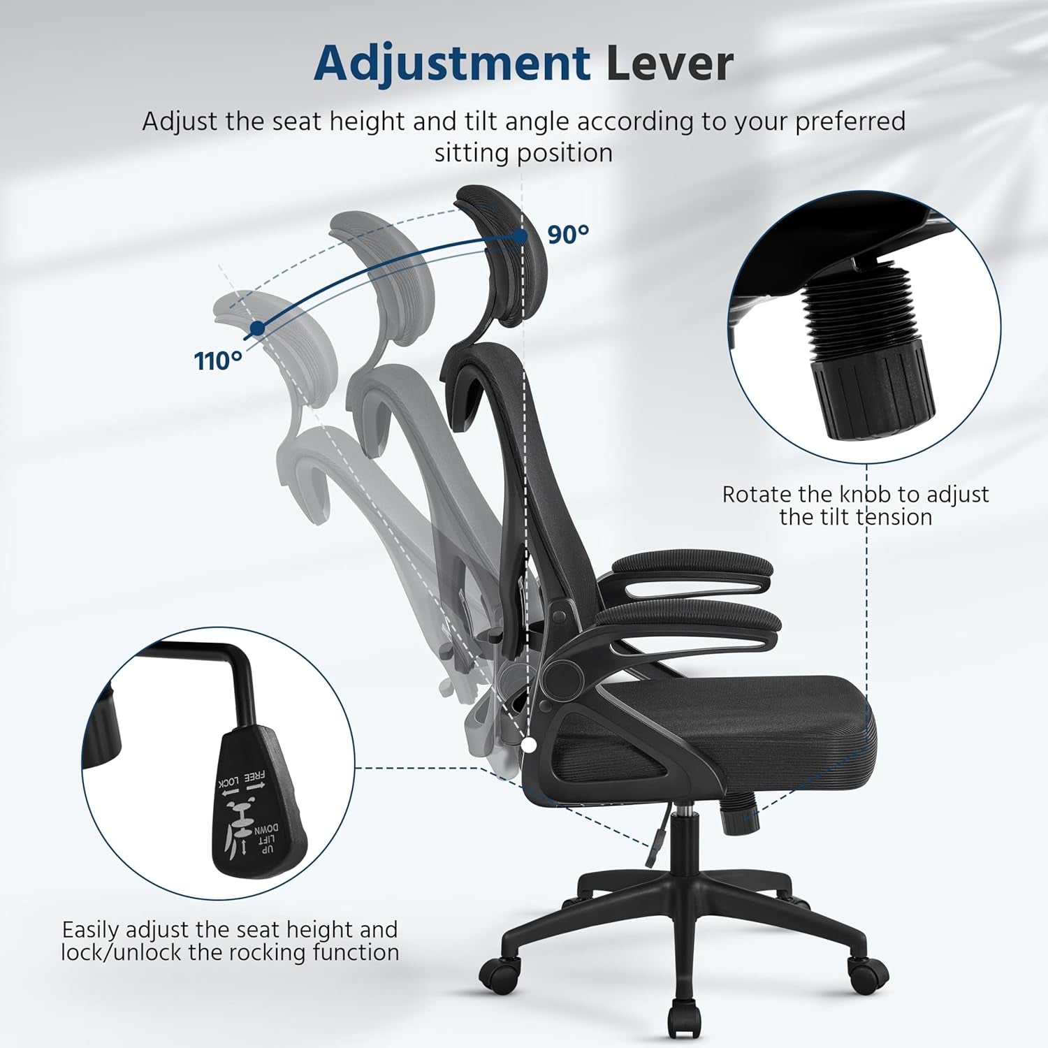 Yaheetech Ergonomic Office Chair with Headrest, Lumbar Support, Black | Breathable Mesh High-Back Adjustable Headrest, Padded Seat, and Flip-Up Armrests Supports Your Back and Neck, Holds 300Lb