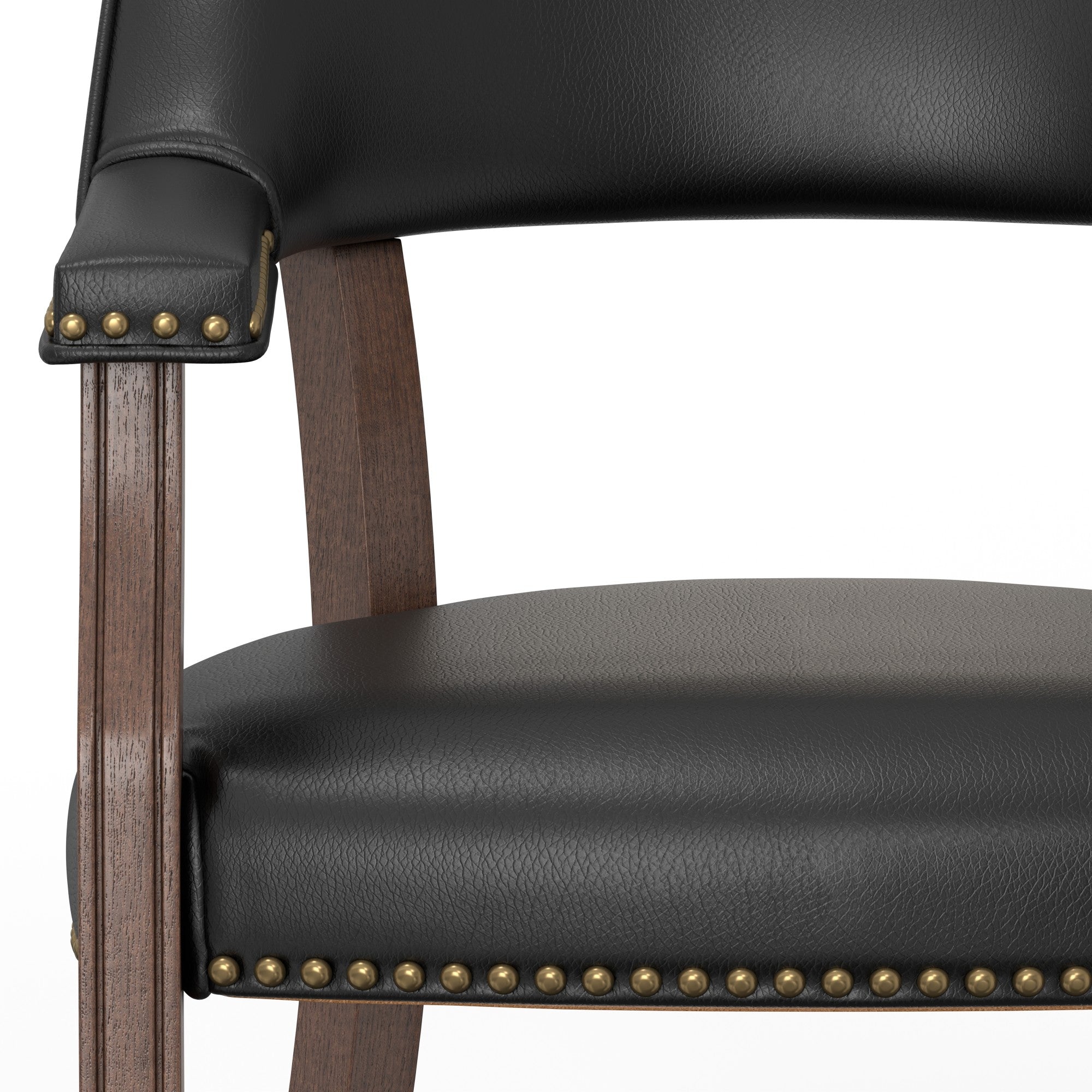 Gorman Walnut and Black Faux Leather Caster Dining and Game Chair - nailhead arm detail