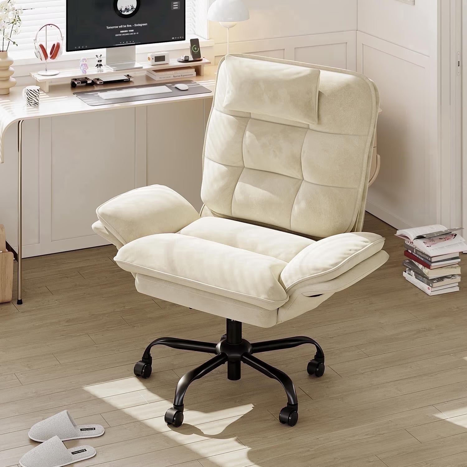 Bestier Big and Tall Ergonomic Office Chair with Flip-Up Arms, PU Leather High Back Executive Swivel Desk Chair with Side Pockets & Headrest , Height Adjustable Computer Chair for Home, Beige
