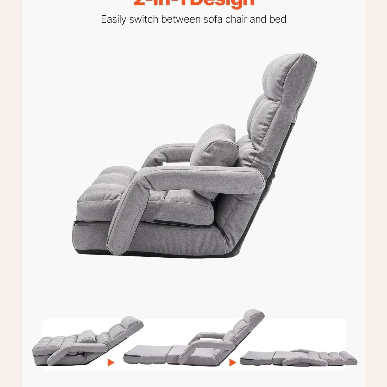 Gray Floor Chair Folding Sofa Lounger With 5 Adjustable Positions by Platinum-Level Office Chairs