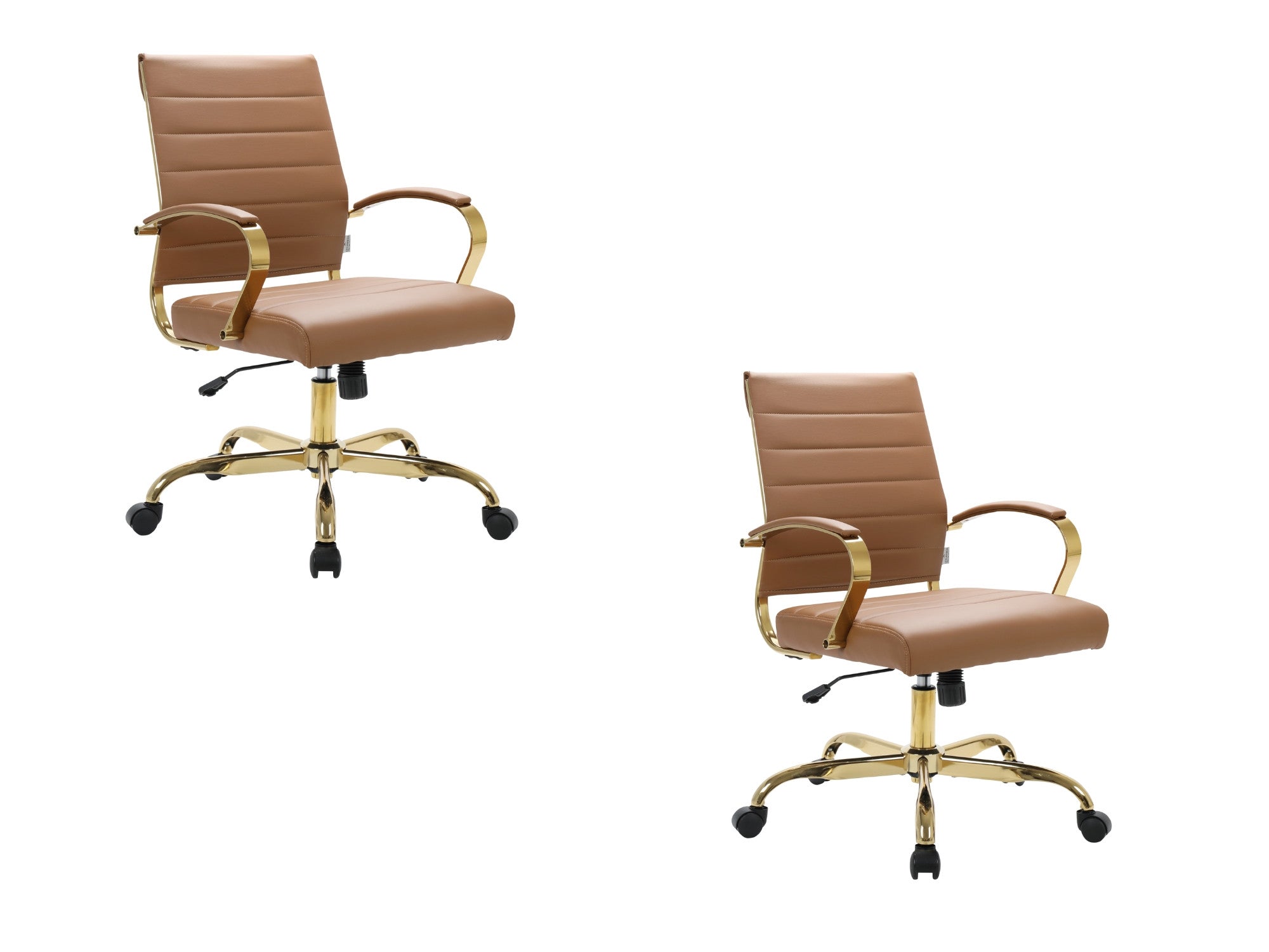 Set of 2 brown leather office chairs, gold accents, ergonomic swivel