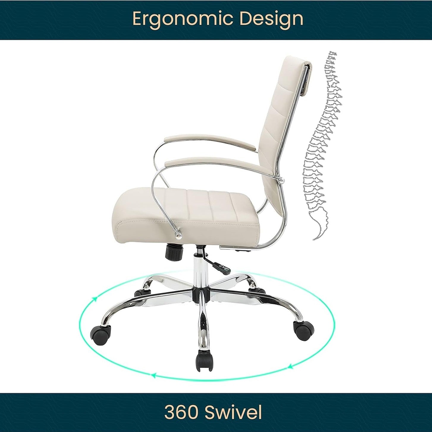 Leisuremod Benmar Leather Office Desk Chair, Mid-Back Ergonomic Swivel Chair with Lumbar Support, Adjustable Height, Tilt Lock, Cushioned Seat & Back, Home Office Task Chair (Tan, Single)