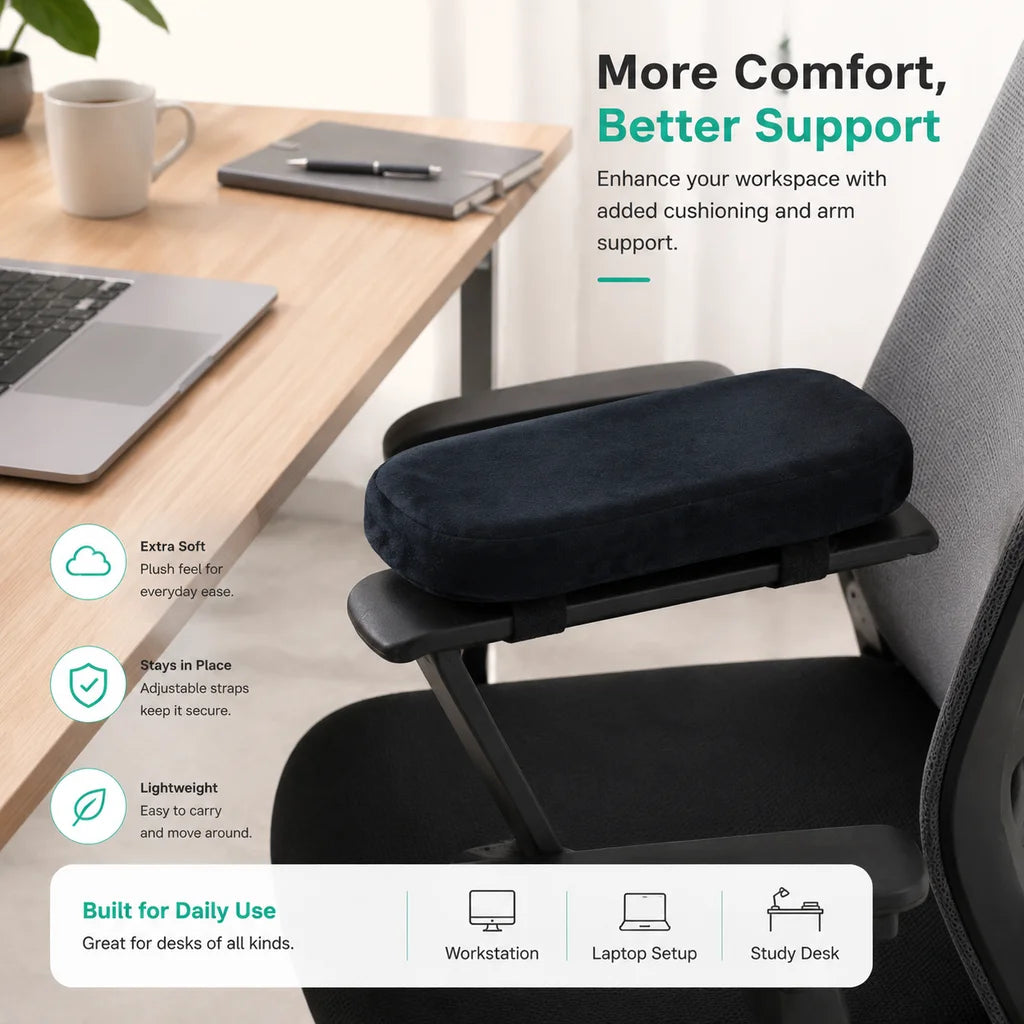 2 Pack Adjustable Strap Arm Cushion, Thick Memory Foam Office Chair Armrest Cushion, Soft Plush Elbow Support Arm Pad, Universal Gaming Chair Arm Rest Pillow Desk Chair Arm Covers