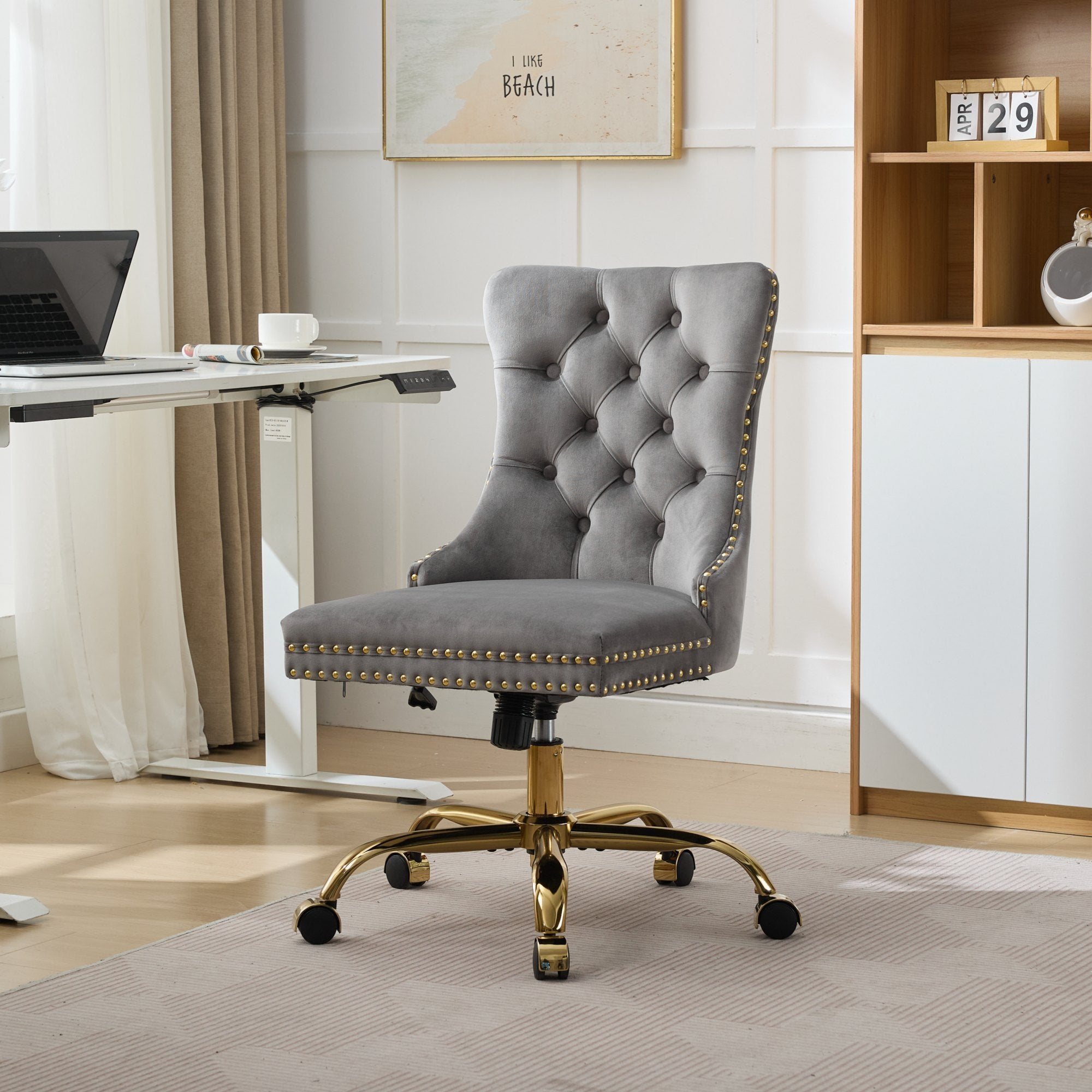 Gray Velvet Tufted Office Chair, A&A Furniture Modern Swivel Study Chair with Golden Metal Base and Nailhead Trim - Platinum-Level Office Chairs
