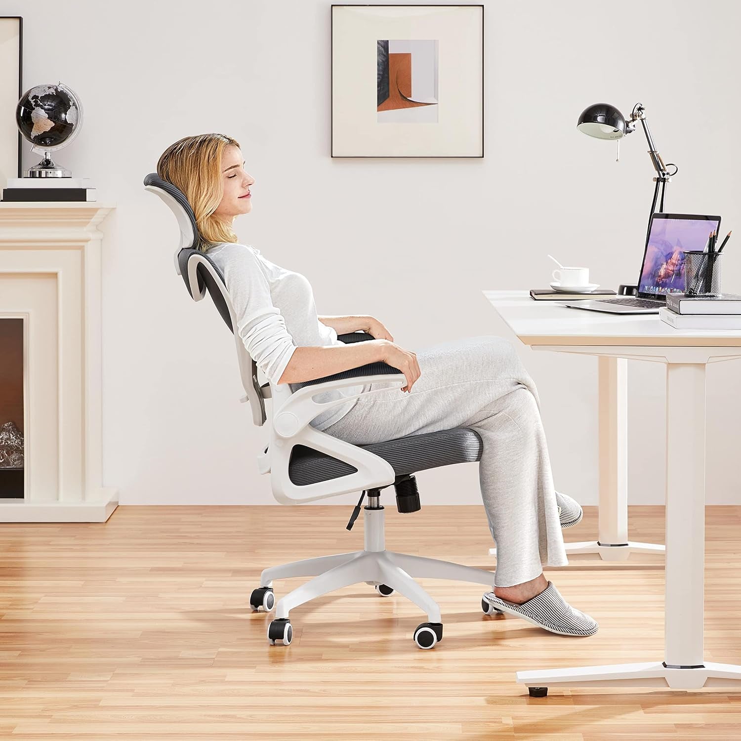 Yaheetech Ergonomic Office Chair with Headrest, Lumbar Support, White/Gray | Breathable Mesh High-Back Adjustable Headrest, Padded Seat, and Flip-Up Armrests Supports Your Back and Neck, Holds 300Lb