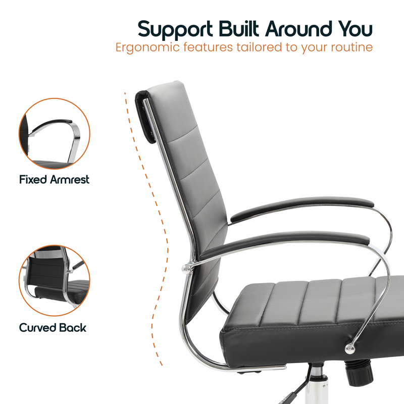 30 PCS Benmar Leather Office Desk Computer Chair with Ribbed Seat and Steel Frame - Black