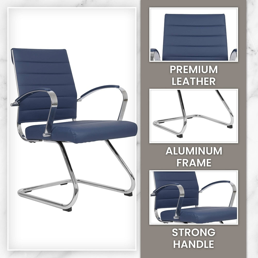 24 PCS Benmar Leather Upholstered Computer Office Chair with Sled Base, Padded Armrests for Home or Office - Navy Blue