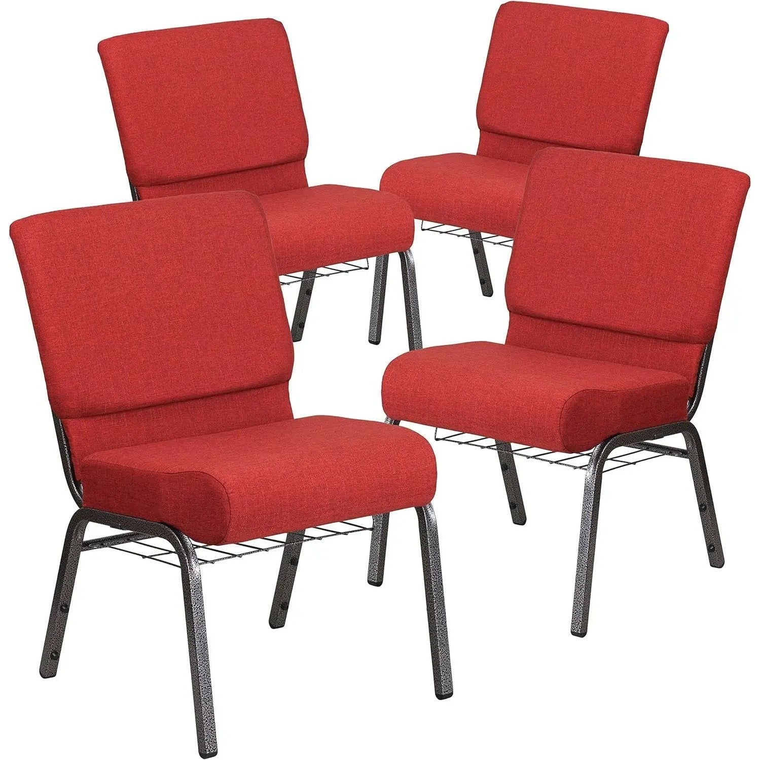 Flash Furniture 4 Pk. HERCULES Series 21''W Church Chair in Crimson Fabric with Cup Book Rack - Silver Vein Frame by 5 years limited.