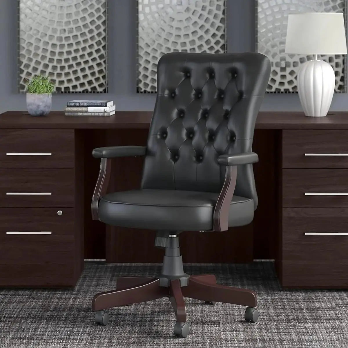 Arden Lane Black Leather Tufted High-Back Executive Office Chair Ergonomic Swivel Rolling Casters ADS