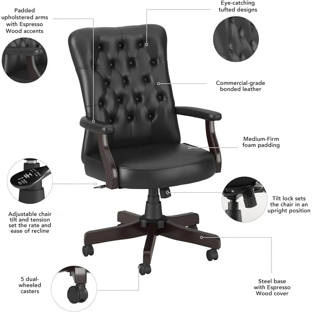 Arden Lane Black Leather Tufted High-Back Executive Office Chair Ergonomic Swivel Rolling Casters ADS
