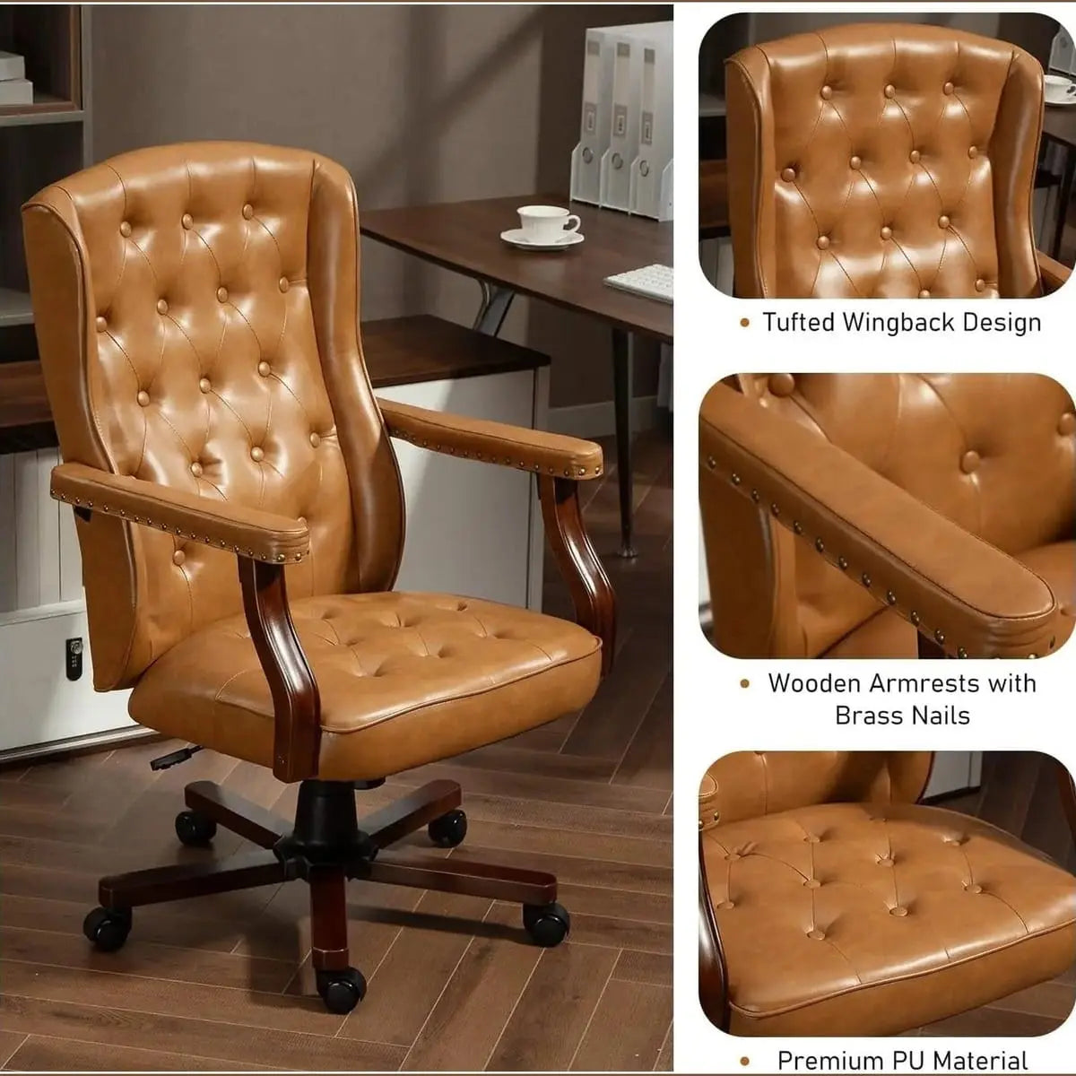 Brown vintage tufted faux leather ADS banker chair with ergonomic design and swivel base, ideal for executive office use.
