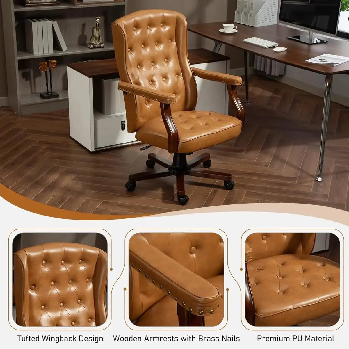 Brown vintage tufted faux leather ergonomic executive office chair with swivel and banker style design by ADS.