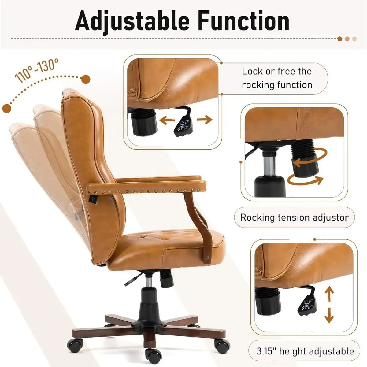 Brown vintage tufted faux leather ergonomic executive office chair with swivel and banker style design by ADS.