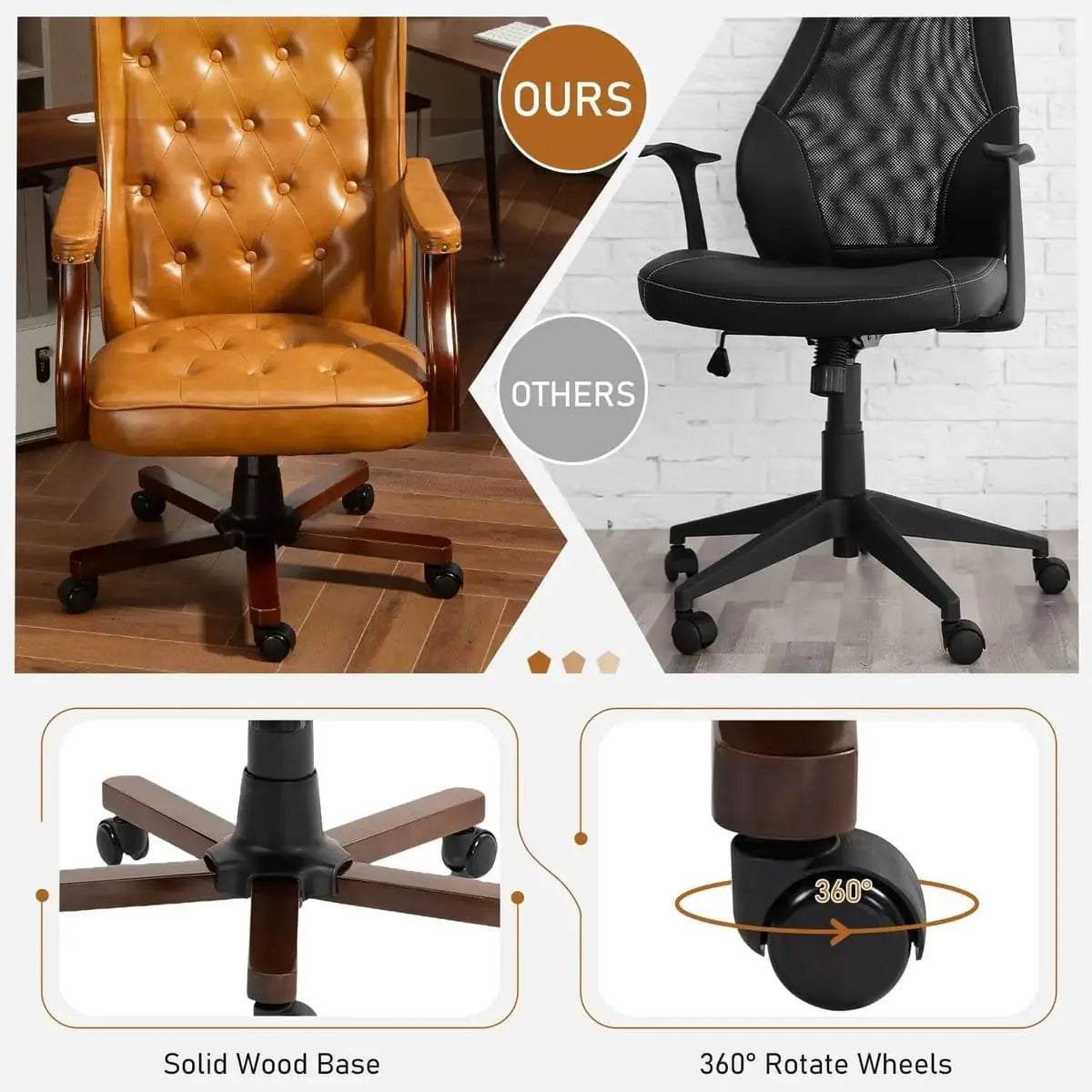 Brown vintage tufted faux leather ergonomic executive office chair with swivel base and banker chair style by ADS.