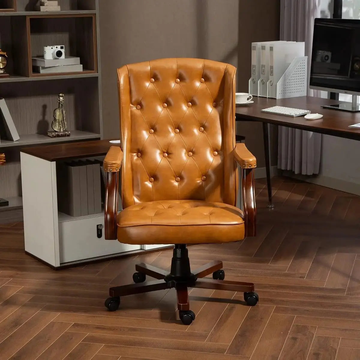 ADS vintage brown tufted faux leather ergonomic executive office chair with swivel and banker-style design.
