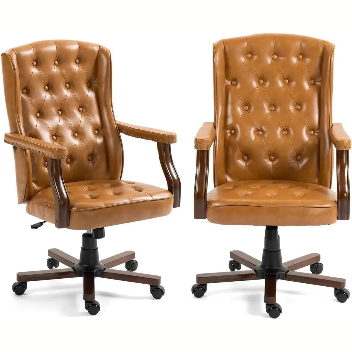 Brown vintage tufted faux leather ergonomic executive office chair by ADS, featuring a swivel design and banker chair style.