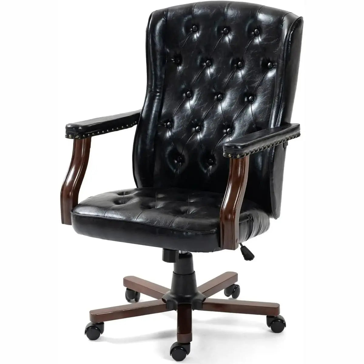 Brown vintage tufted faux leather banker chair by ADS, ergonomic executive office swivel chair with classic design and padded seat.
