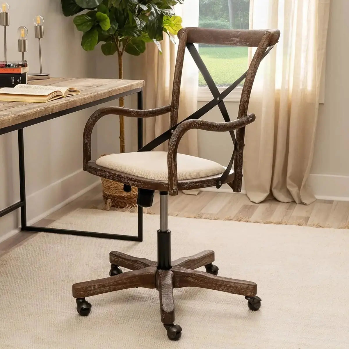 Greywash wood office chair by ADS with adjustable height, rolling base, and banker chair design for a professional workspace.