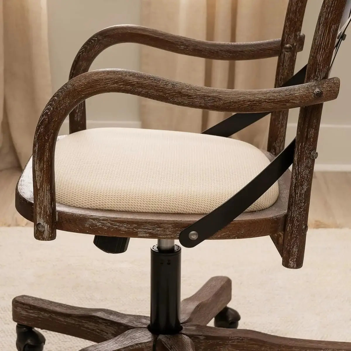 Greywash wood office chair with adjustable height and rolling base, designed for banker chairs by ADS.