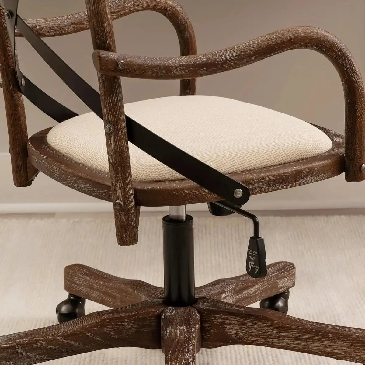 Greywash wood office chair by ADS with adjustable height and rolling base, designed for comfortable banker seating.