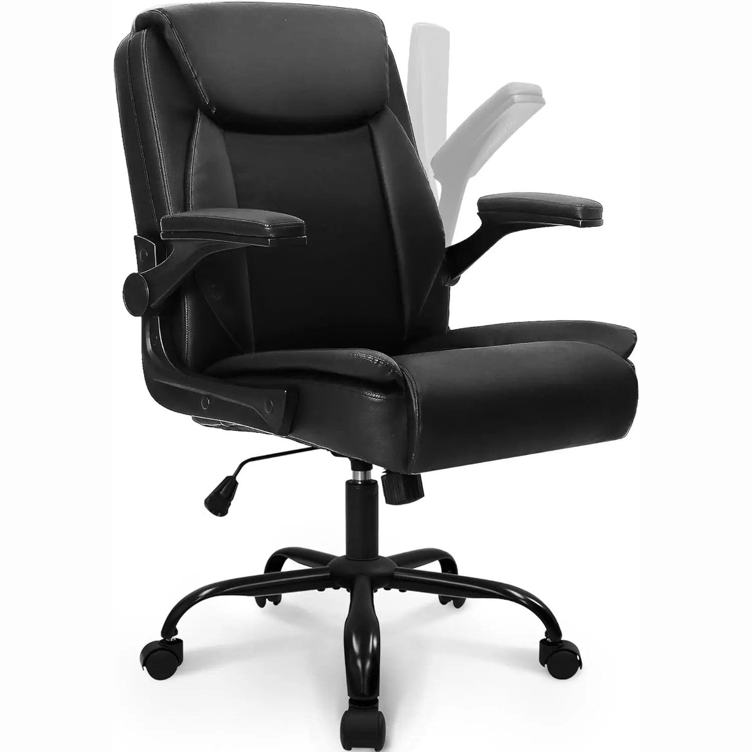 All-black ADS ergonomic big and tall gaming office chair with flip-up armrests, leather upholstery, and adjustable swivel.
