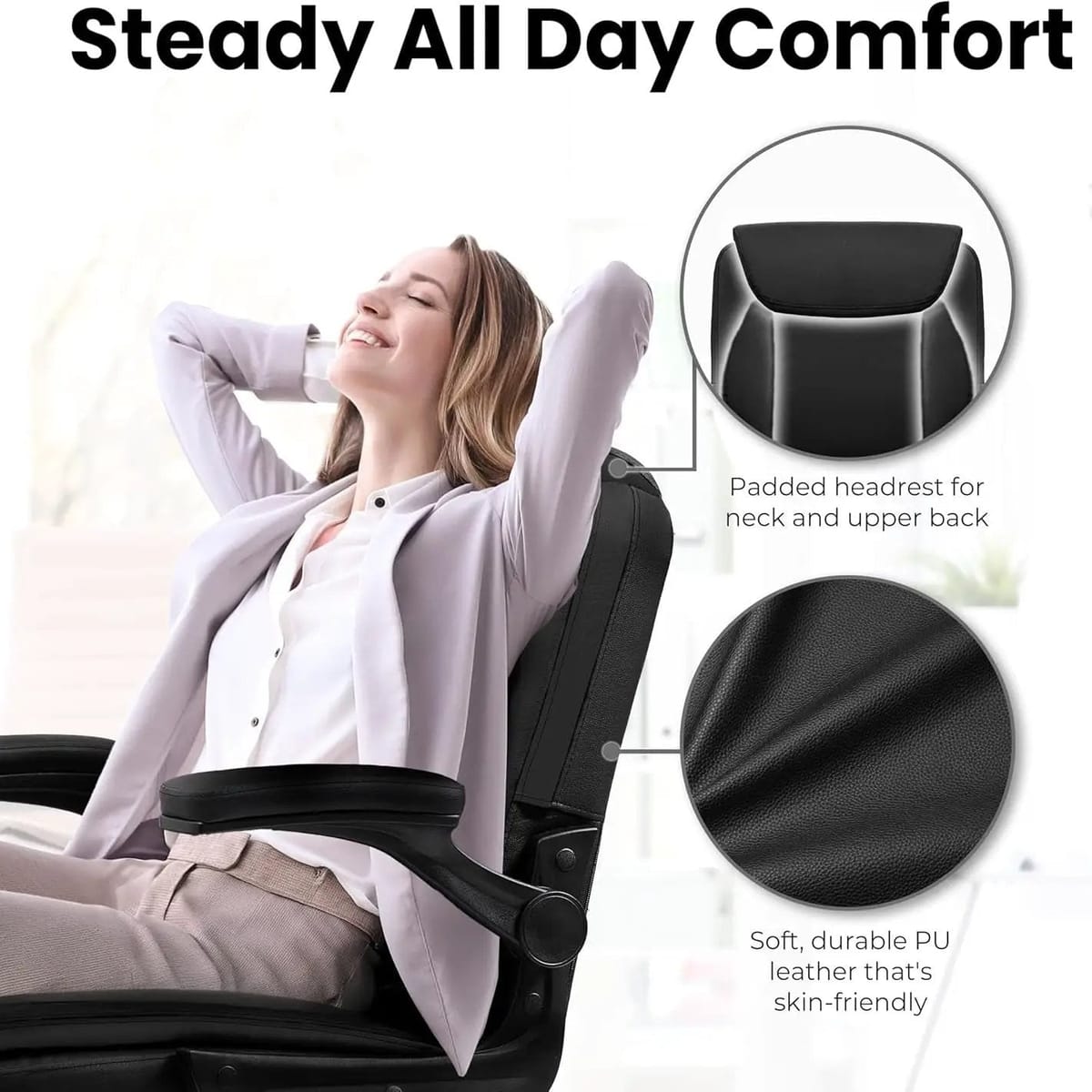 All-black ADS ergonomic big and tall gaming office chair with flip-up armrests, leather upholstery, and adjustable swivel.