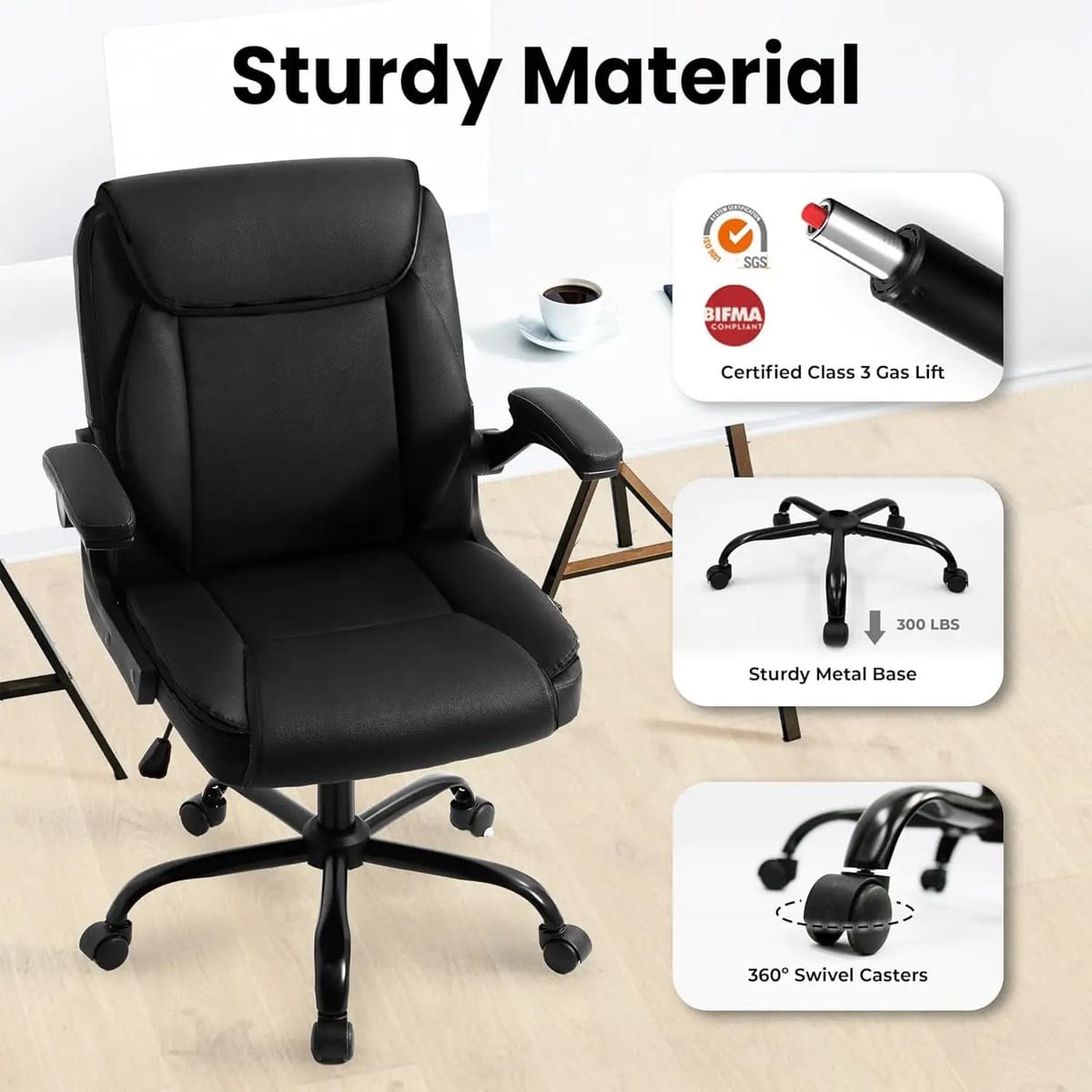 Black ADS ergonomic big and tall gaming office chair with flip-up armrests, leather upholstery, adjustable swivel for comfort.