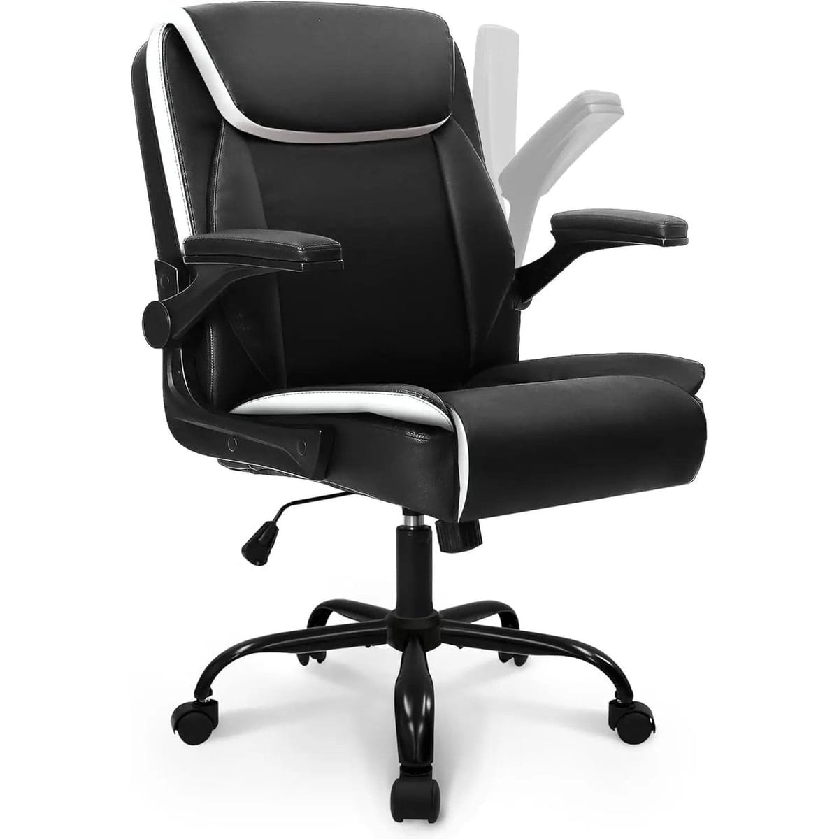 All-black ADS ergonomic big and tall gaming office chair with flip-up armrests, leather upholstery, adjustable swivel, and sturdy design.