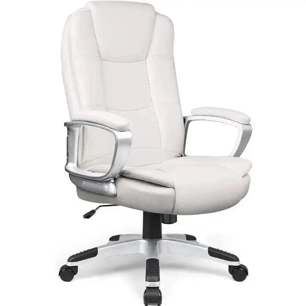 ADS big and tall executive office chair with high back, white PU leather, cushioned armrests, and ergonomic adjustable features.