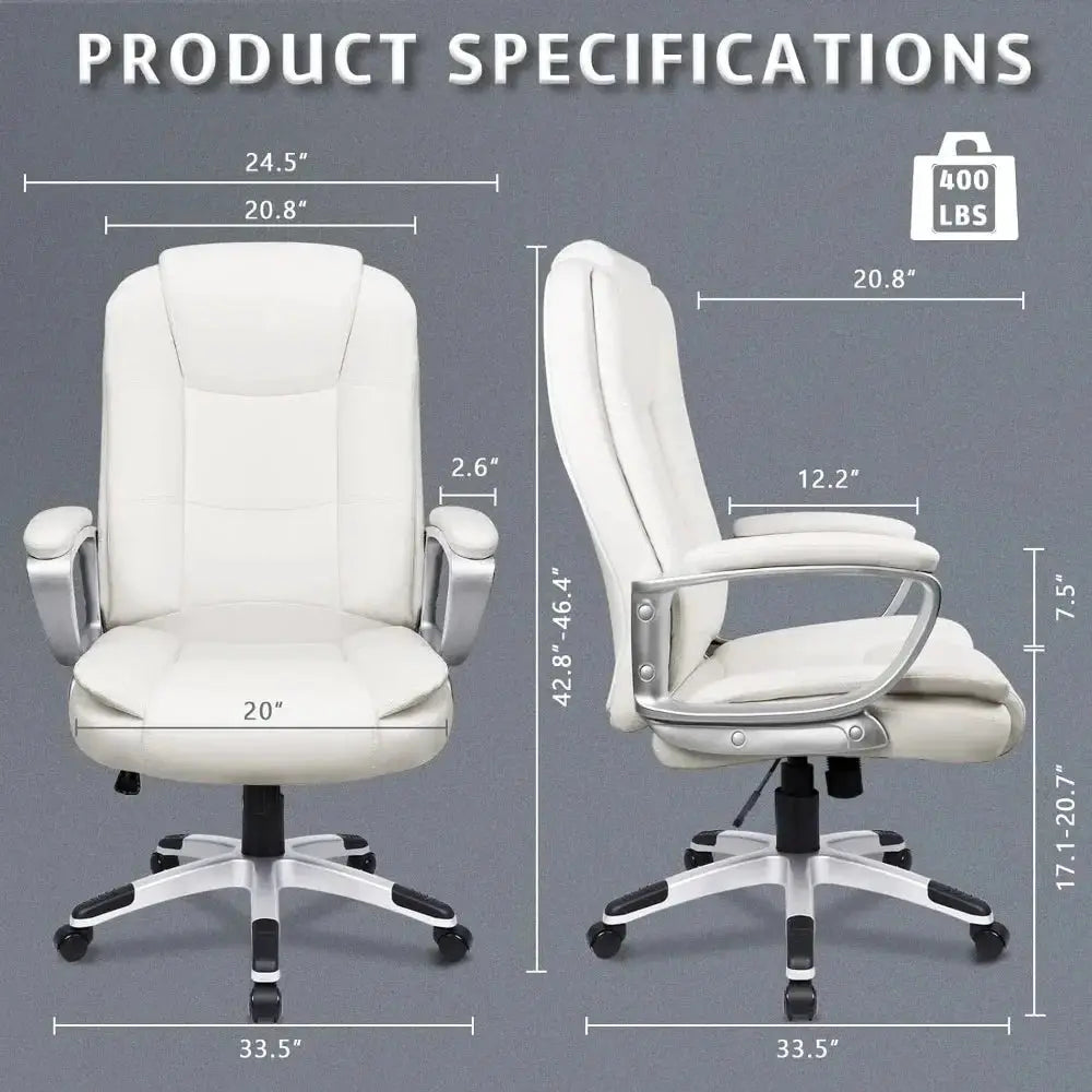 Big and tall ADS ergonomic executive office chair with high back, white PU leather, adjustable armrests, and cushioned support.