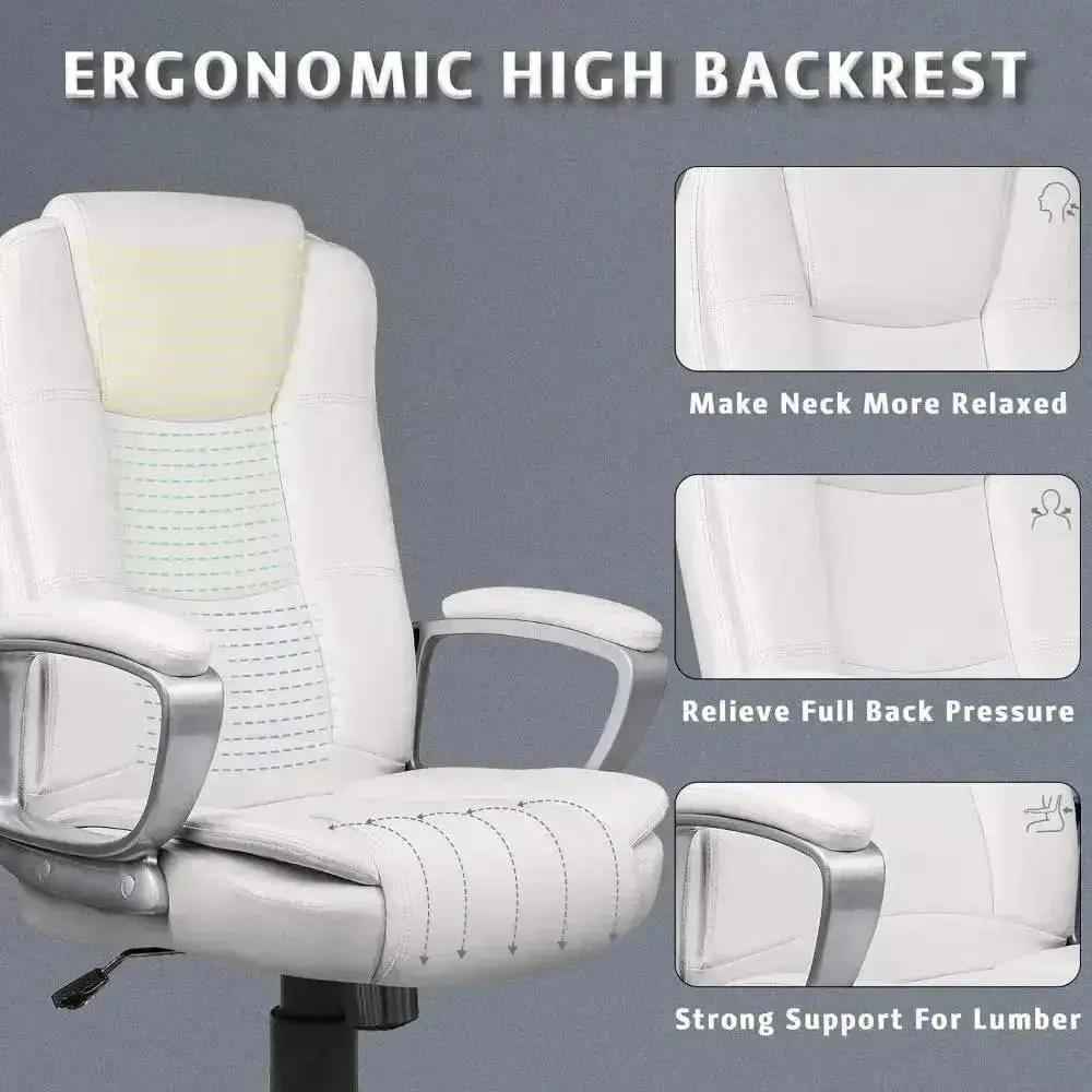 Ergonomic Big and Tall Executive Office Chair High Back Adjustable White PU Leather Cushioned Armrests for Ultimate Comfort