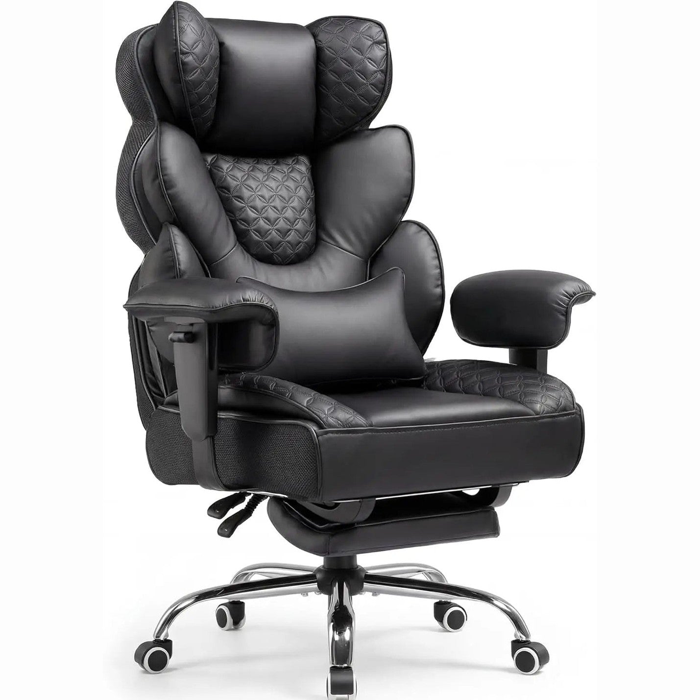 Black big and tall office chair with footrest, high back, heavy-duty frame, and ergonomic design by ADS.