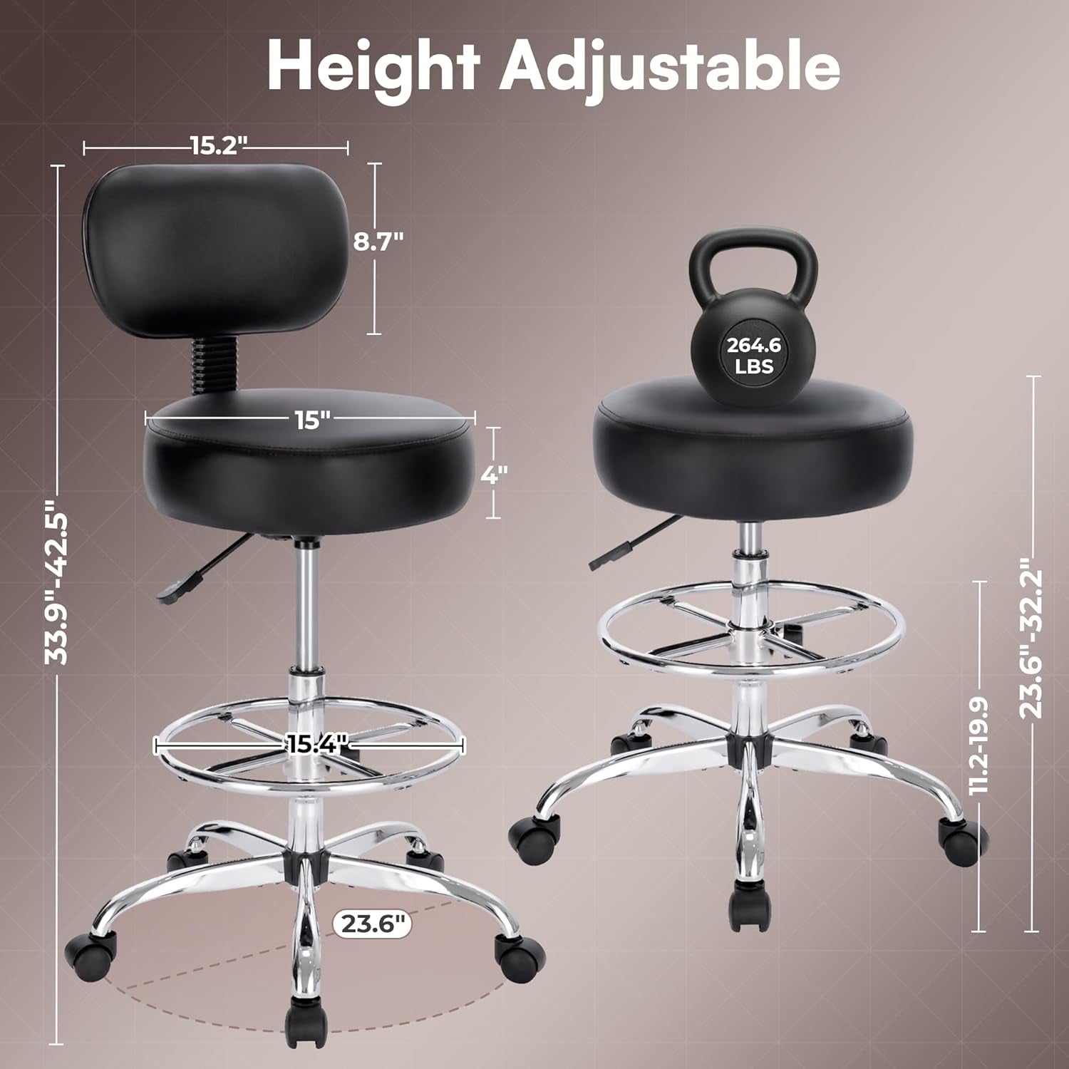 SUPERJARE Drafting Chair with Back, Adjustable Foot Rest Rolling Stool, Multi-Purpose Office Desk Chair, Thick Seat Cushion for Home Bar Kitchen Shop - Black by SUPERJARE
