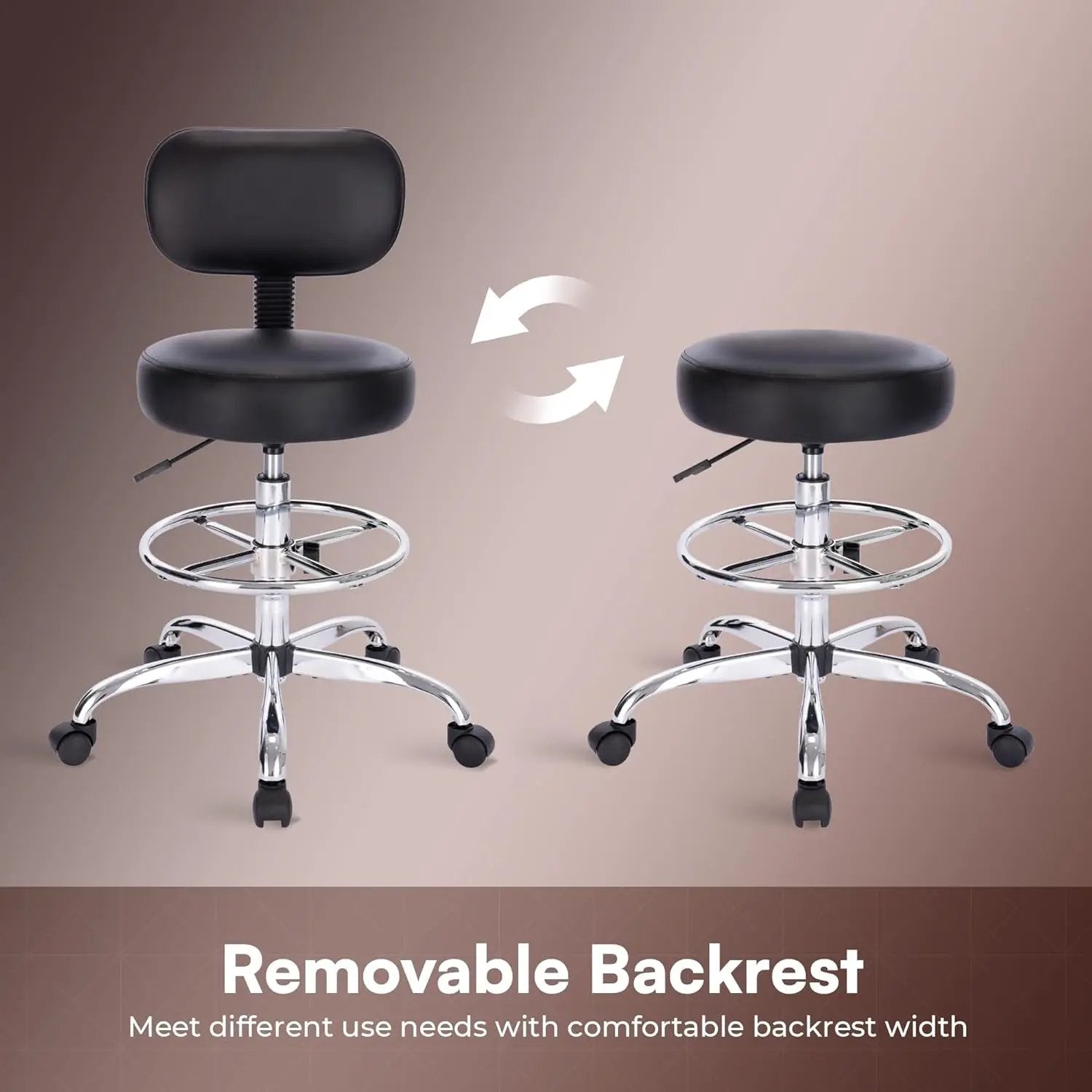 Black ADS drafting chair with backrest and adjustable height, rolling stool designed for tall users.