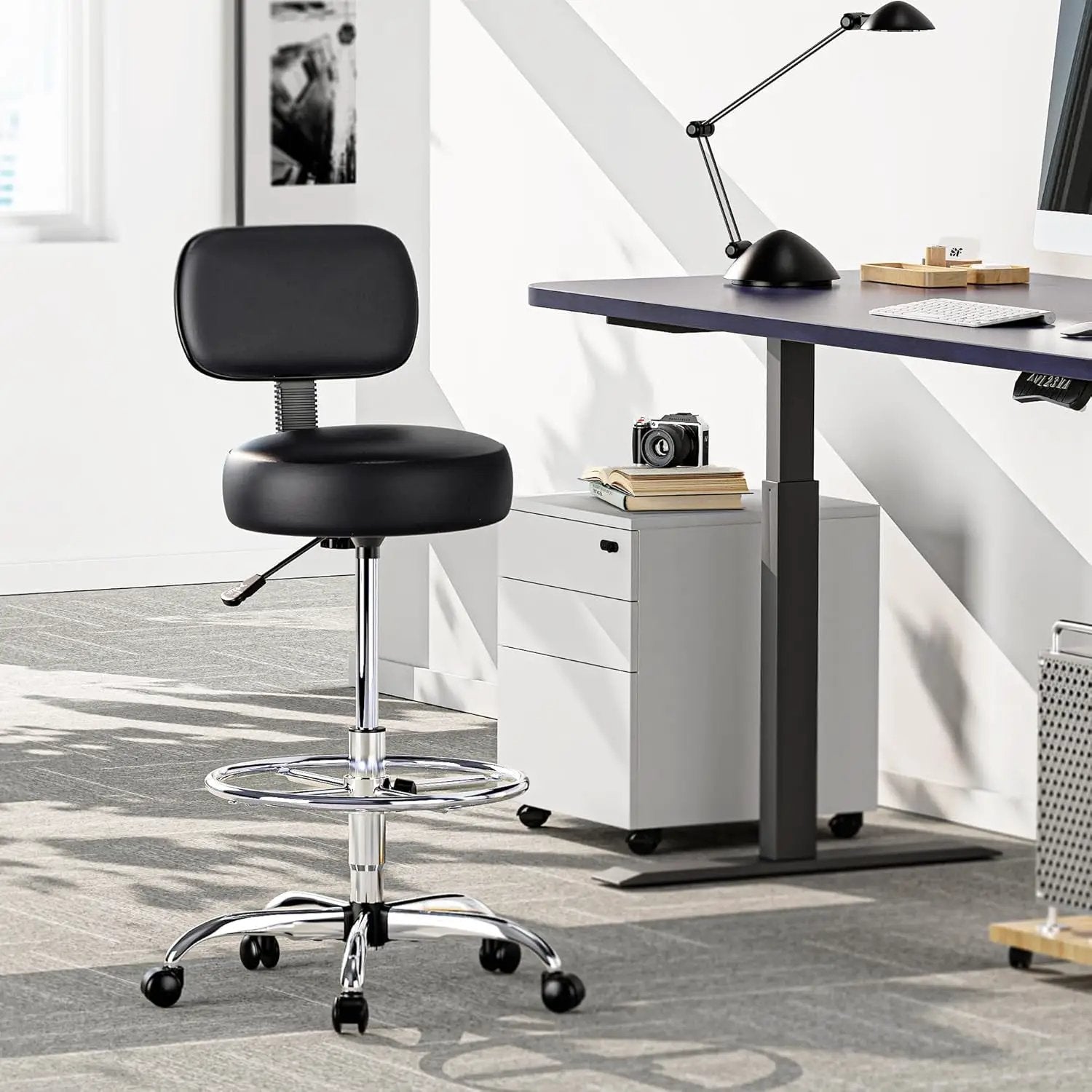 Black ADS drafting chair with backrest, adjustable height, rolling stool for tall users, ideal for drafting and drafting desks.