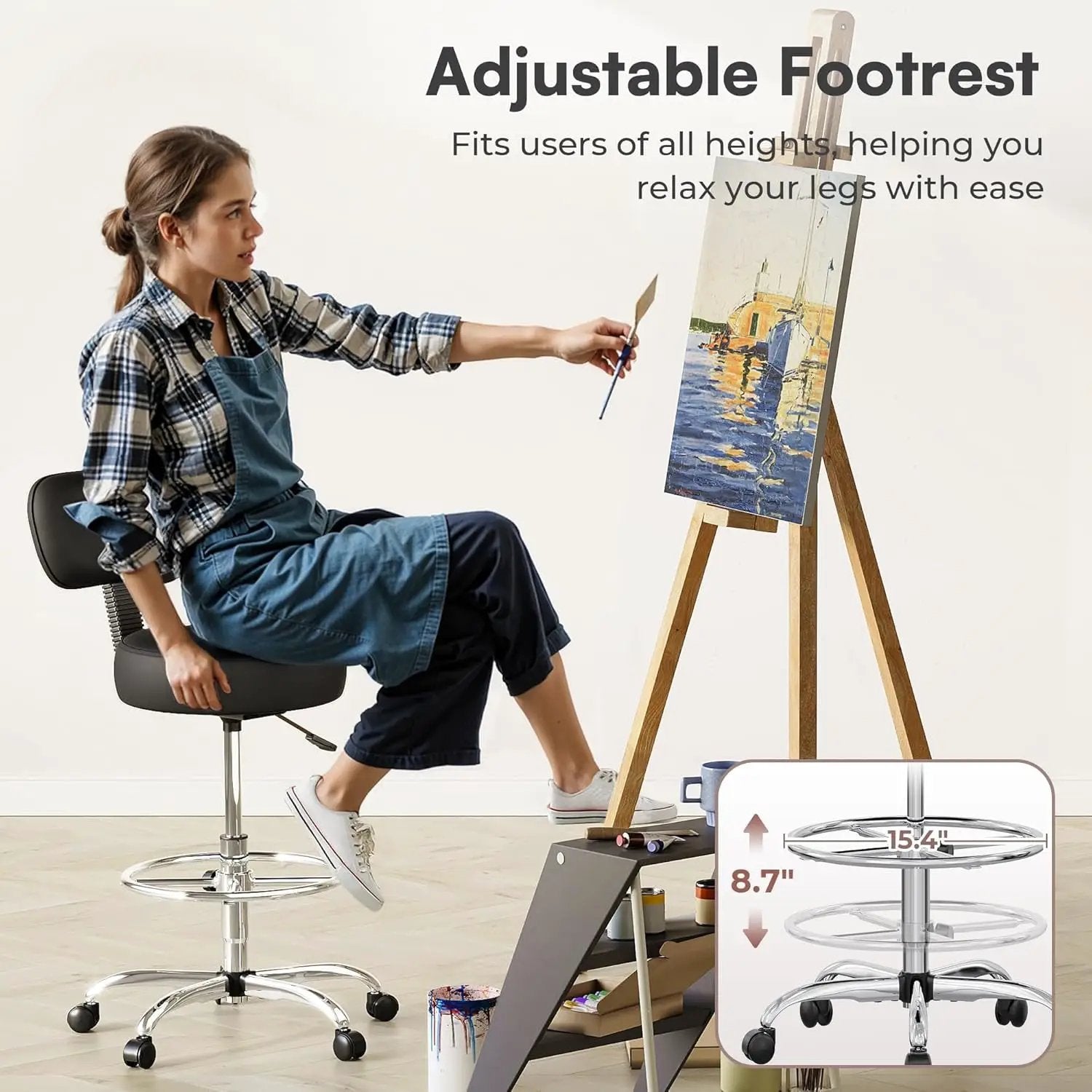 Black ADS drafting chair with backrest, adjustable height, rolling stool, ideal for tall users, ergonomic design.