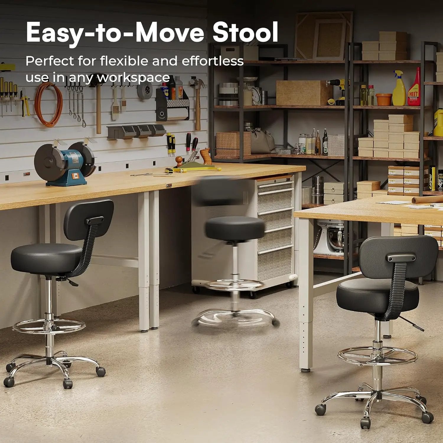 Black ADS drafting chair with backrest and adjustable height, rolling stool designed for tall users.