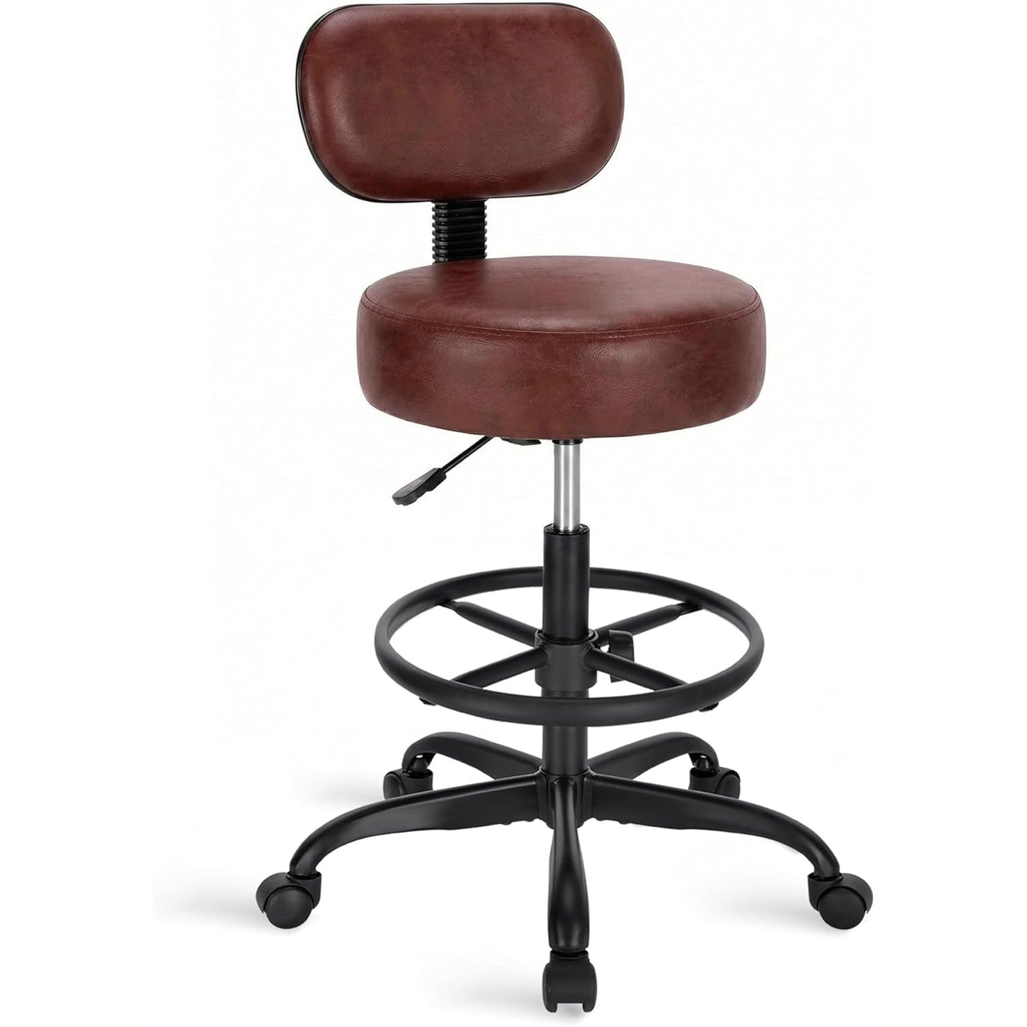 Black ADS drafting chair with backrest and adjustable height, rolling stool designed for tall users.