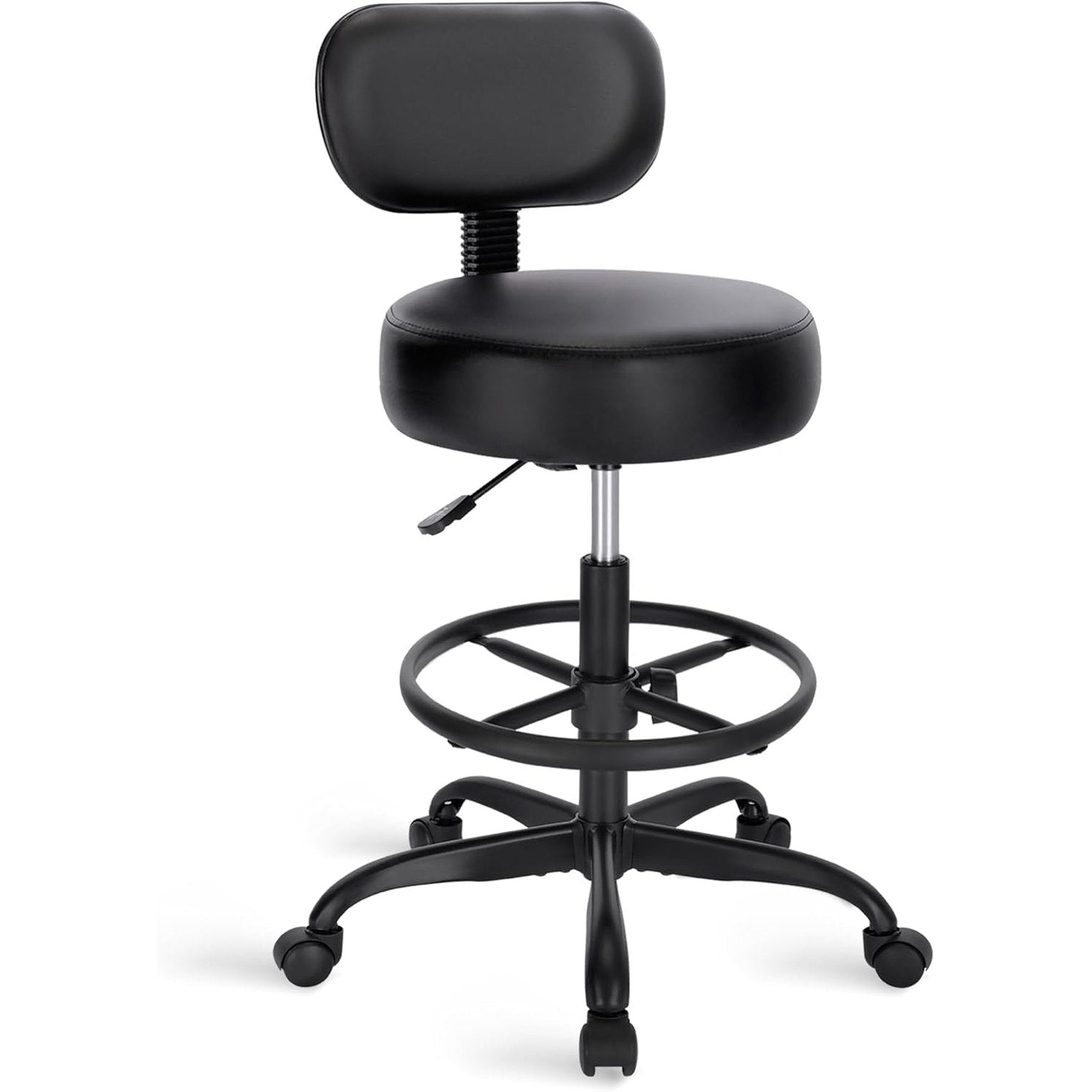 Black ADS drafting chair with adjustable height, backrest, and rolling base, designed for tall users, ideal for drafting and studio work.