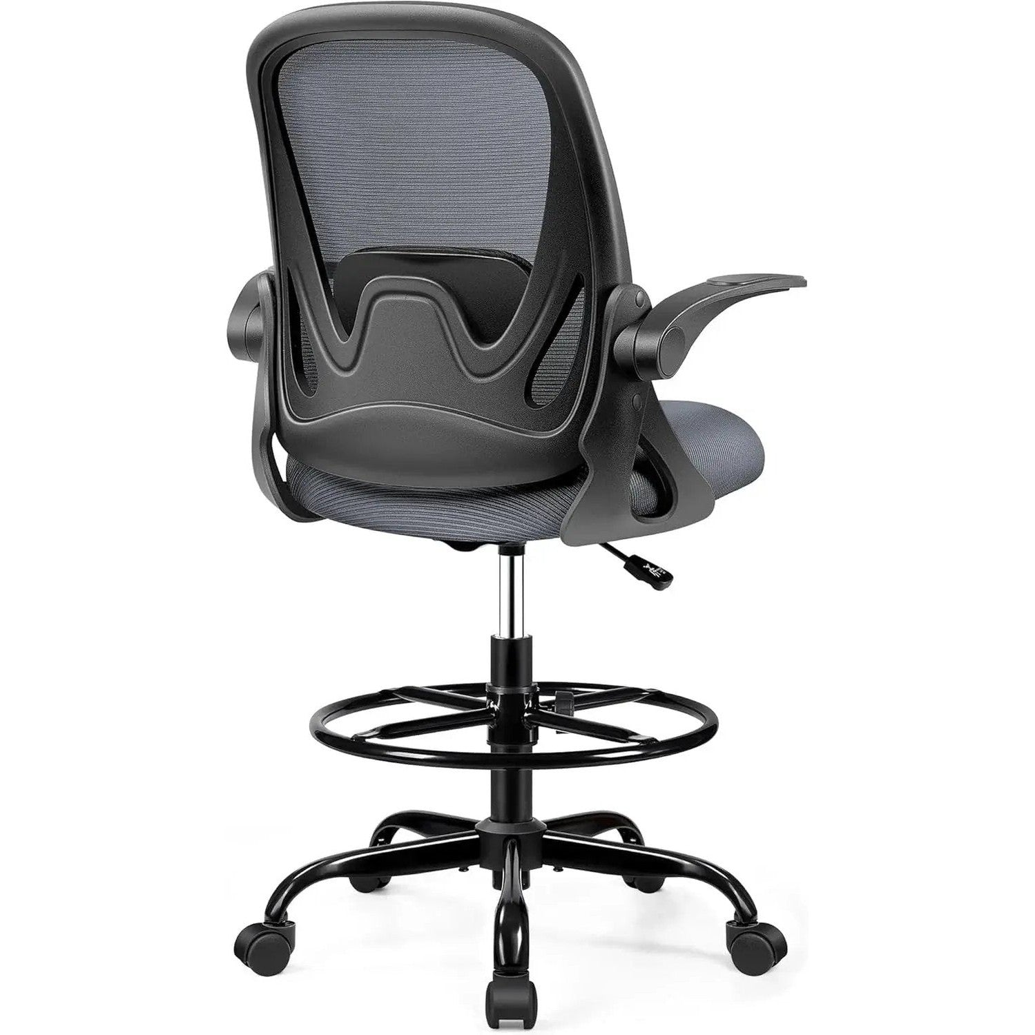 Dark gray ADS Primy ergonomic drafting chair with adjustable height and flip-up arms, designed for standing desks and bar counters.