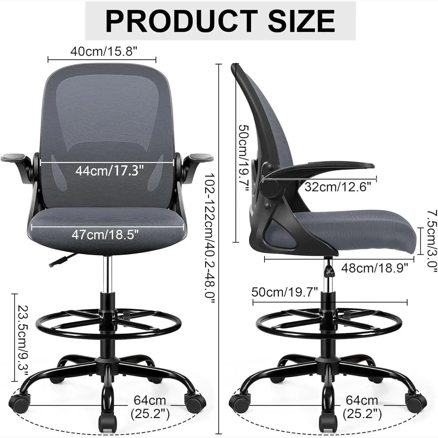 Ergonomic office chair with adjustable height, footrest, armrests, mesh back and size dimensions shown.