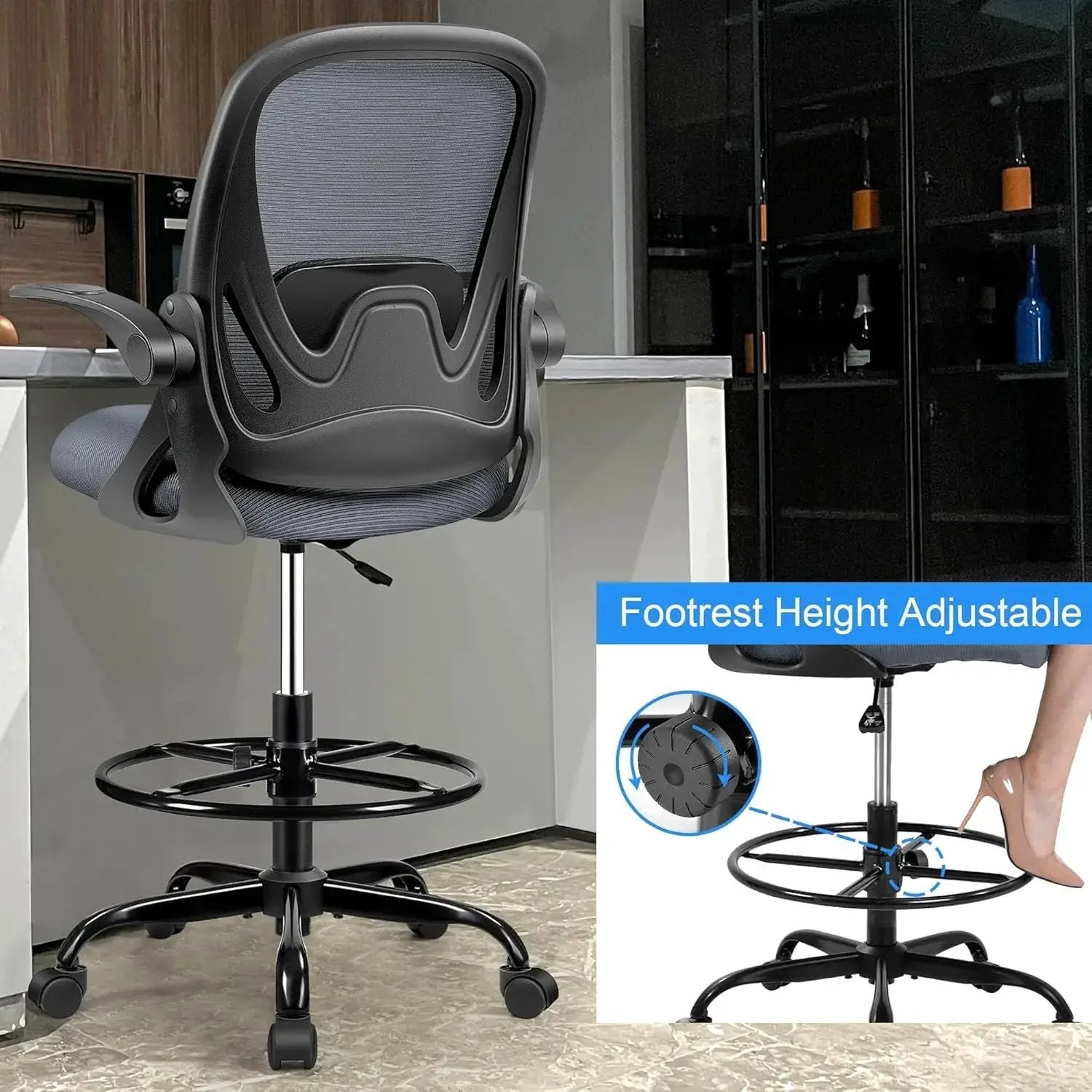 ADS Primy ergonomic drafting chair with dark gray upholstery, adjustable height, flip-up arms, designed for standing desks and bar counters.