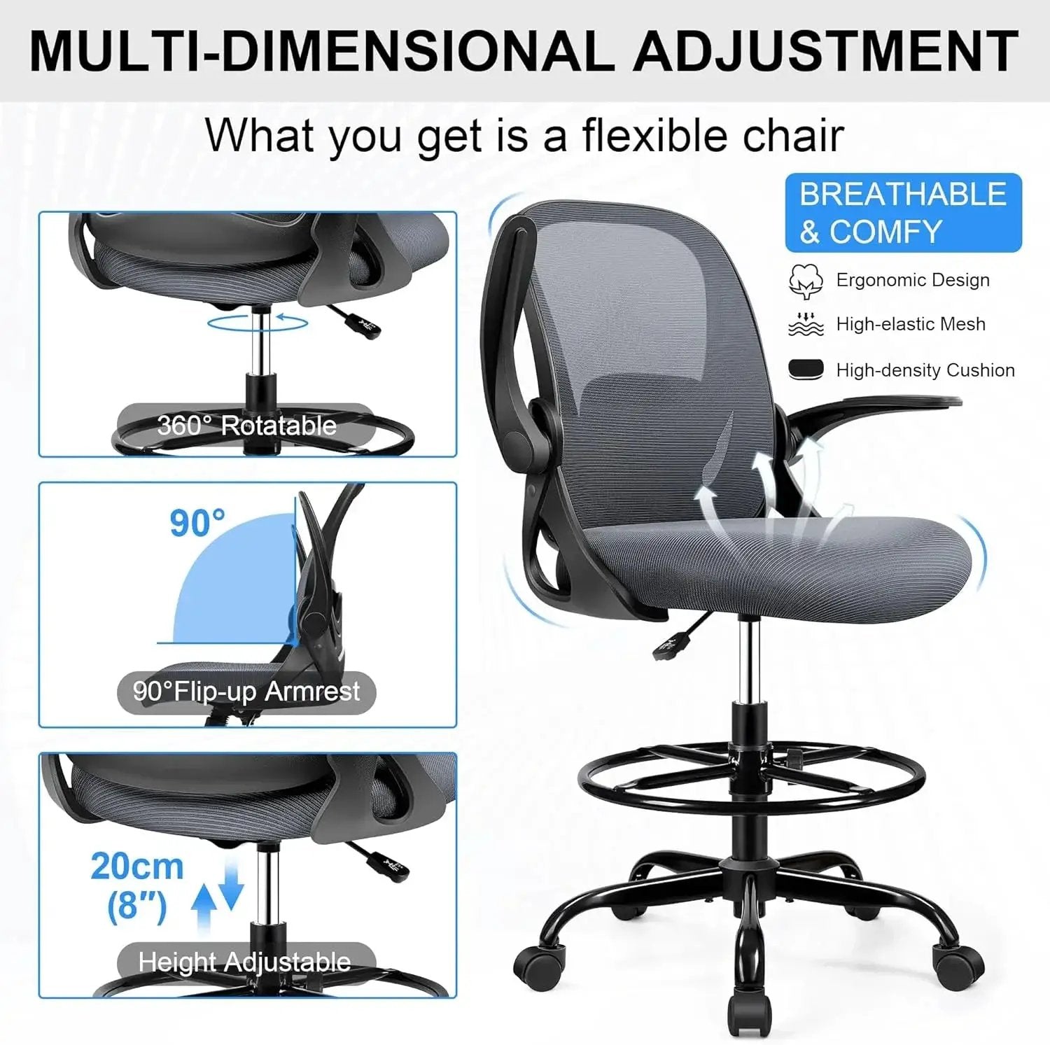 ADS Primy ergonomic drafting chair with dark gray upholstery, adjustable height, flip-up arms, designed for standing desks and bar counters.