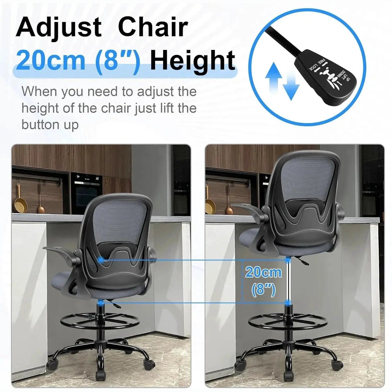 Dark gray ADS Primy ergonomic drafting chair with adjustable height and flip-up arms, designed for standing desks and bar counters.