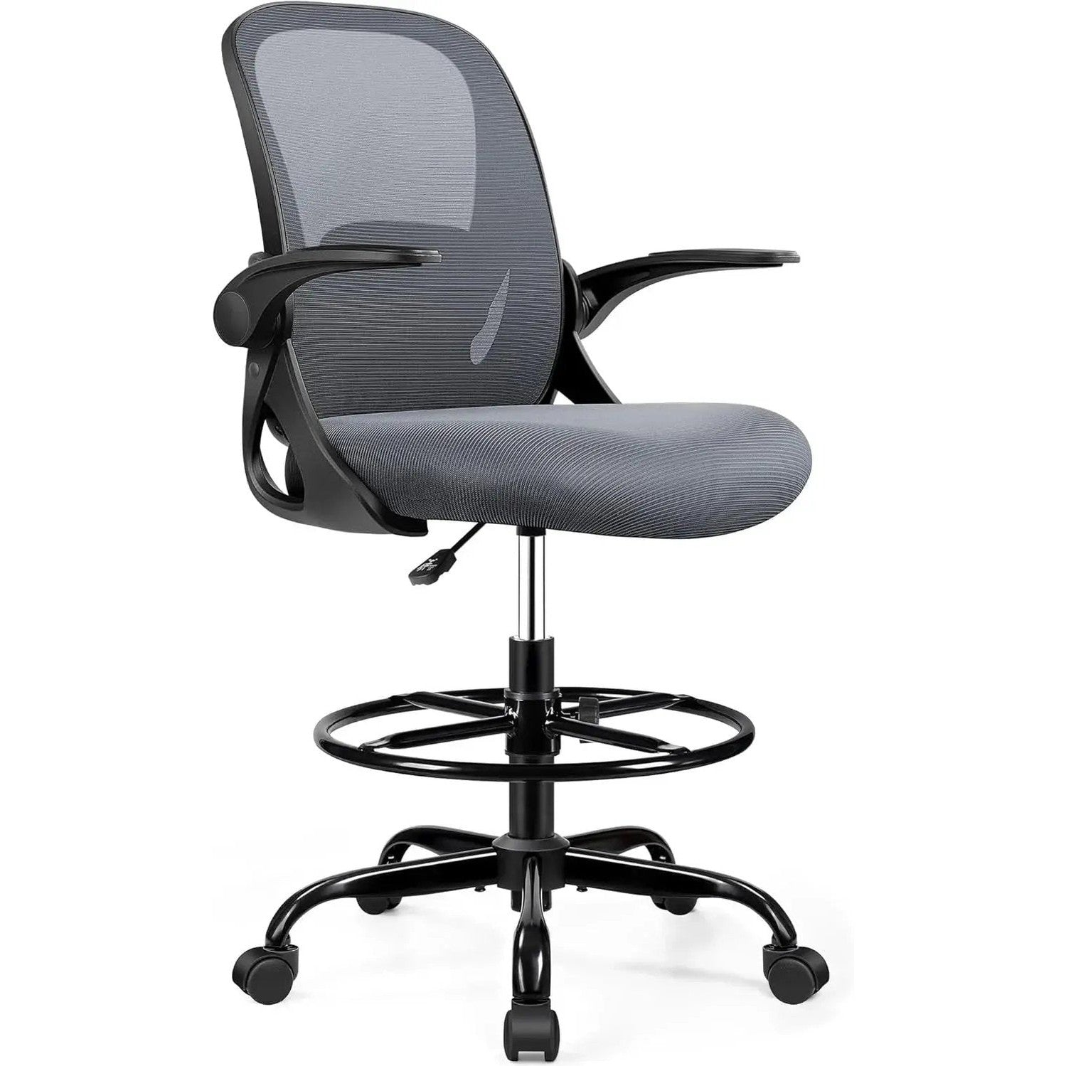 Ergonomic gray mesh office chair with adjustable armrests and footrest ring for workspace comfort