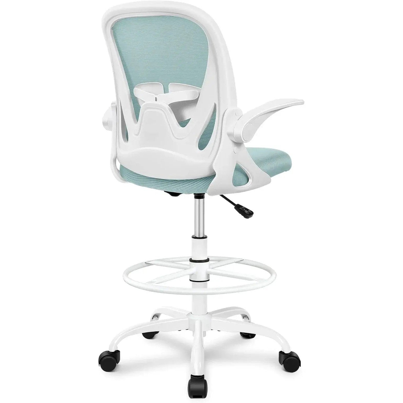 Dark gray ADS Primy ergonomic drafting chair with adjustable height and flip-up arms, ideal for standing desks and bar counters.
