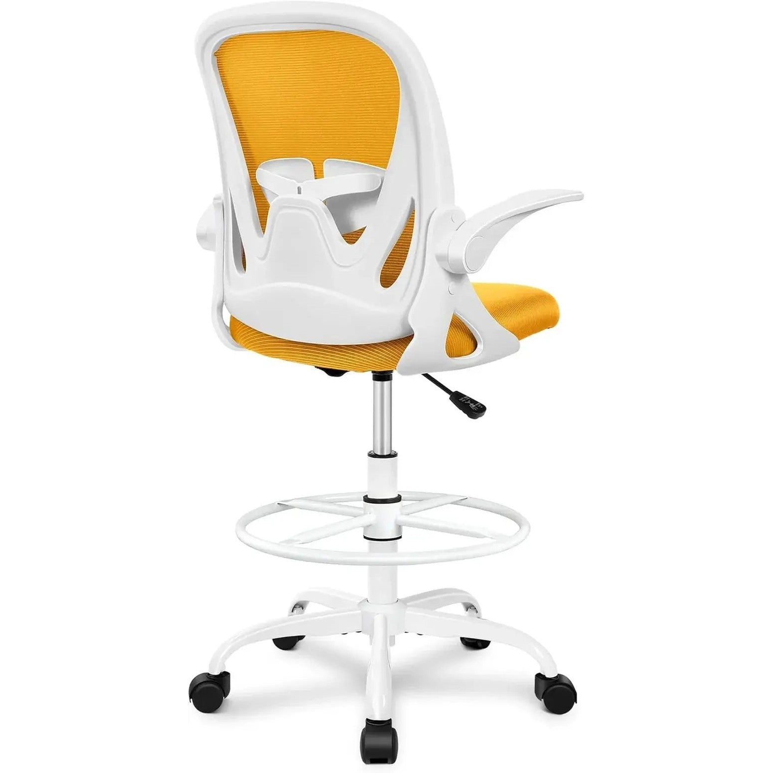 ADS Primy ergonomic drafting chair with dark gray upholstery, adjustable height, flip-up arms, ideal for standing desks and bar counters.