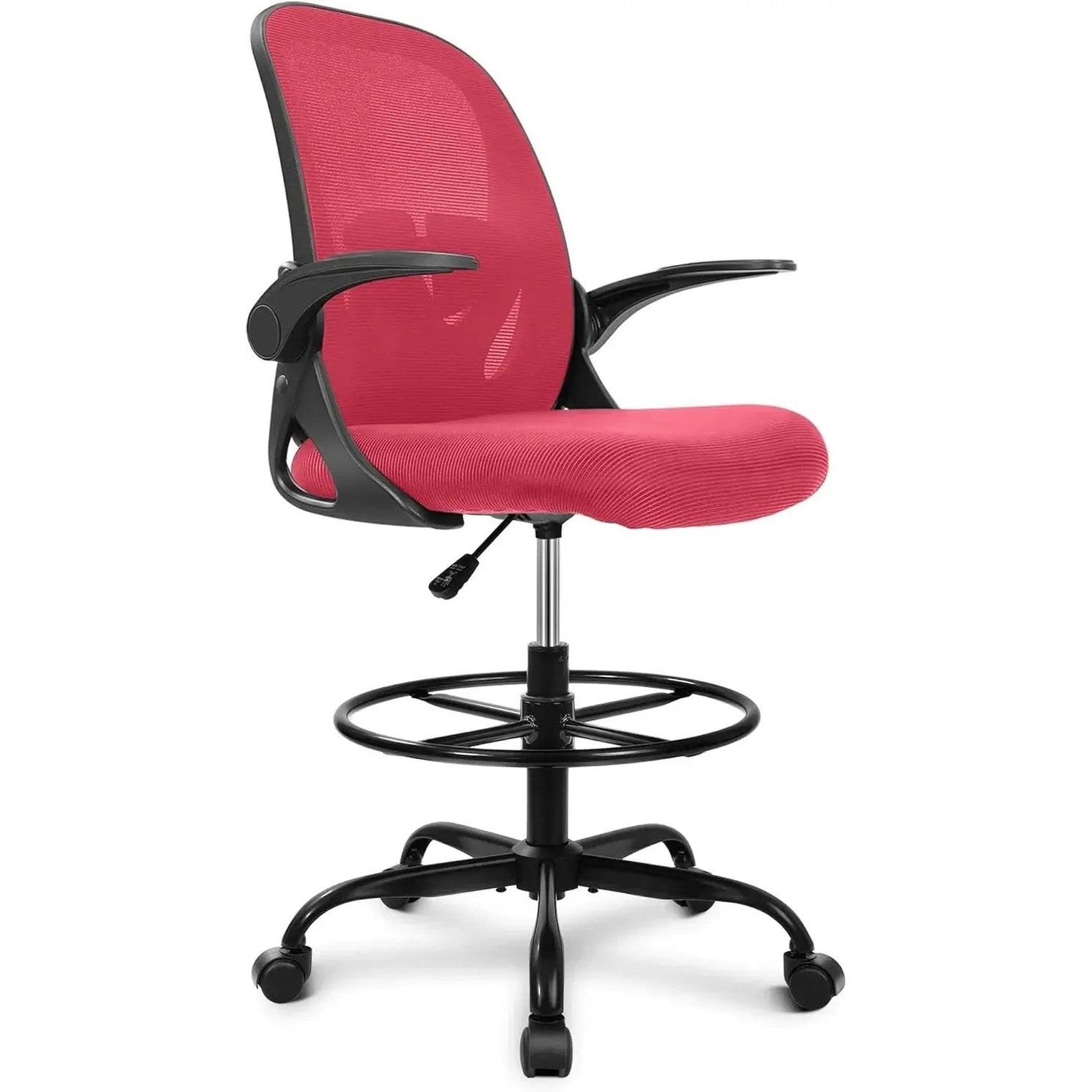 ADS Primy ergonomic drafting chair with dark gray upholstery, adjustable height, flip-up arms, designed for standing desks and bar counters.