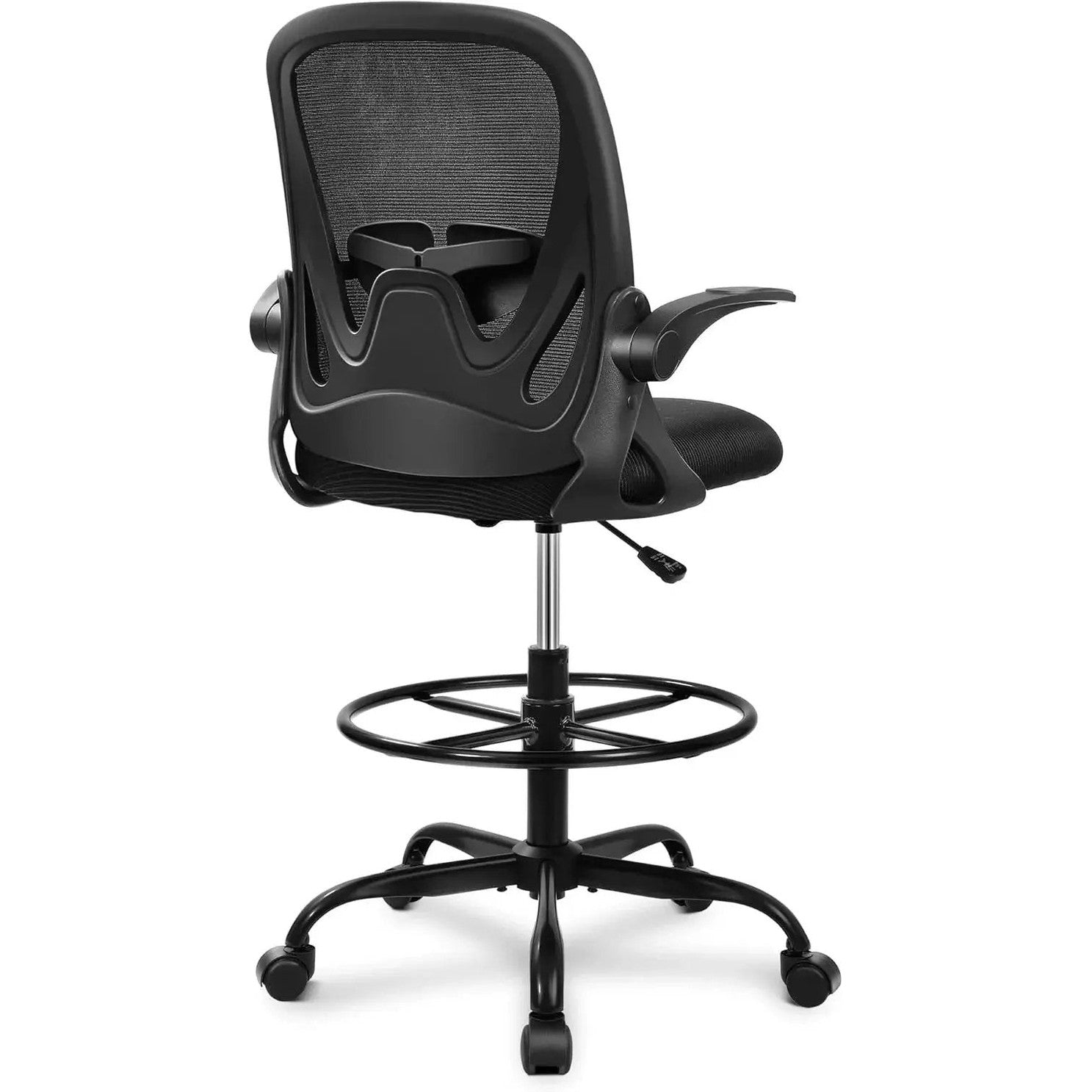 ADS Primy ergonomic drafting chair with dark gray upholstery, adjustable height, flip-up arms, ideal for standing desks and bar counters.