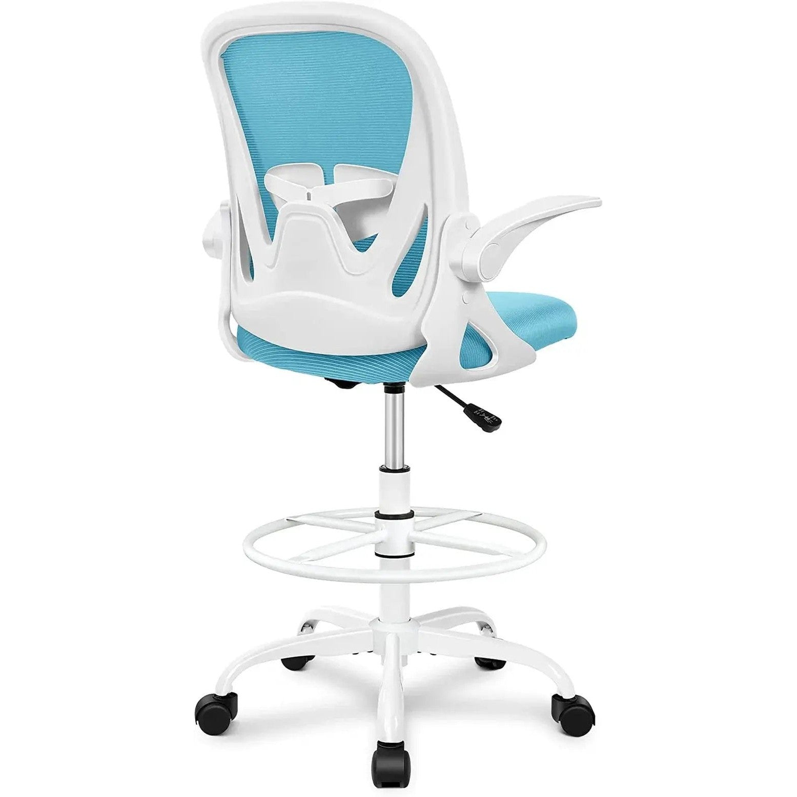 ADS Primy ergonomic drafting chair in dark gray with adjustable height and flip-up arms, designed for standing desks and bar counters.
